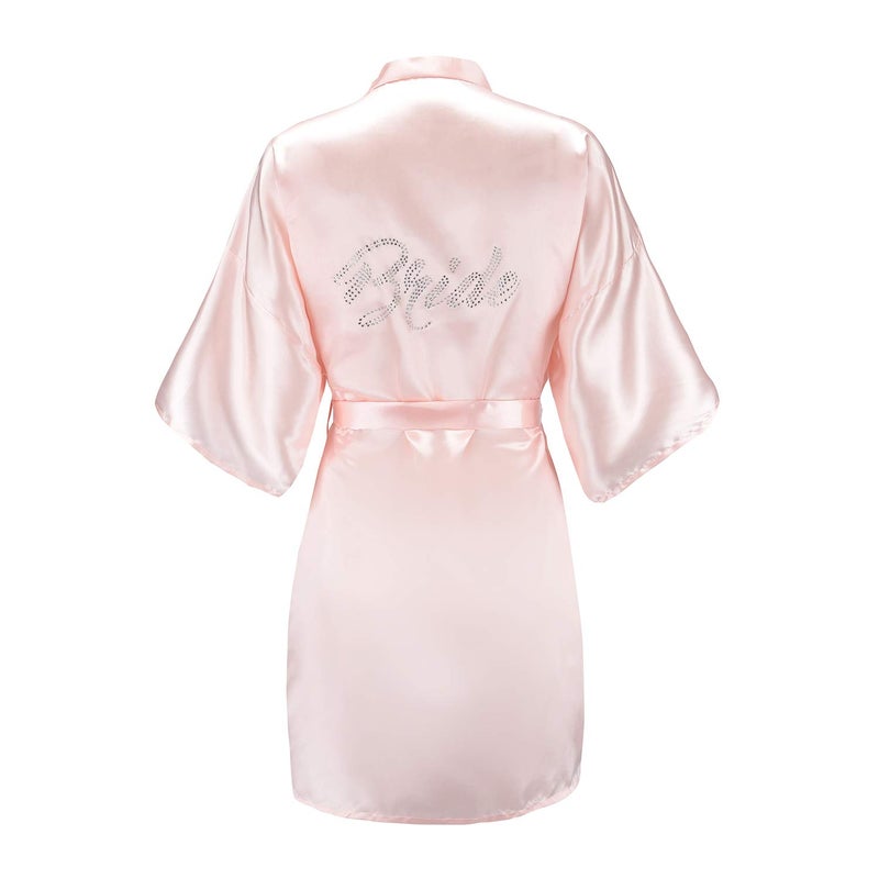 EPLAZA Women's One Size Silver Rhinestones Bride Bridesmaid Short Satin Robes for Wedding Party Getting Ready (Pink, Bride) - Image 1
